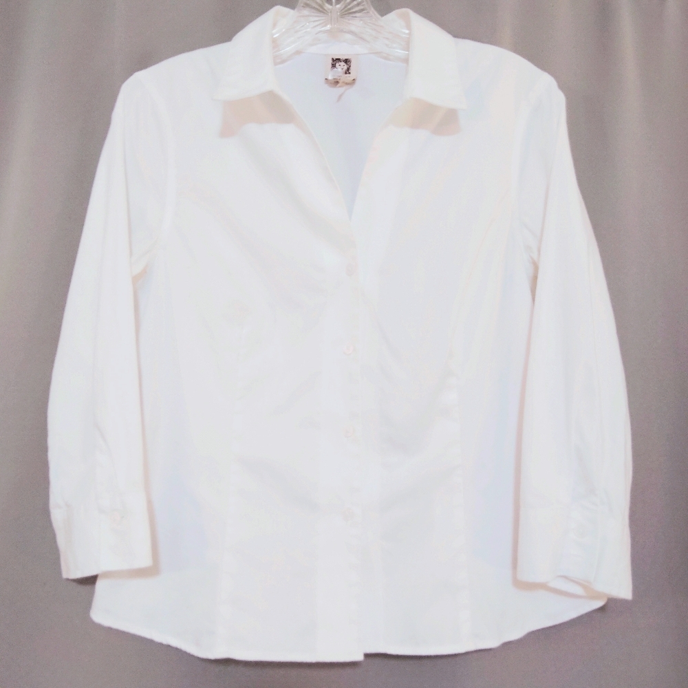 Anne Klein Women's PM White Blouse Feminine Dbl Collar Extended Neckline 3/4 Slv - Picture 12 of 12